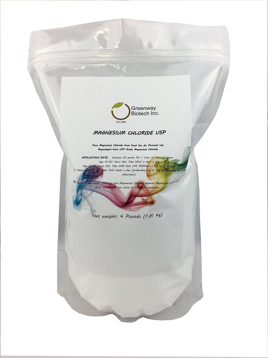 Greenway Biotech magnesium chloride powder in a bottle label for everyday use