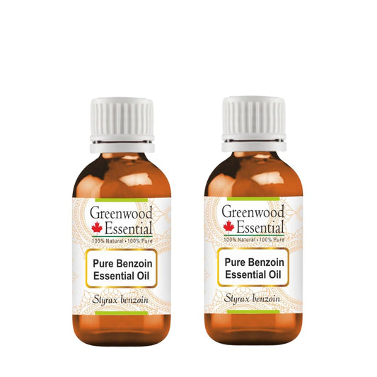 Greenwood Essential benzoin oil bottle close-up for skin care use.