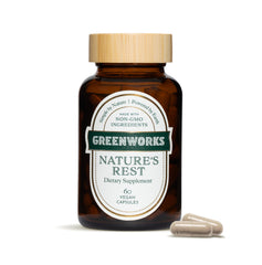Greenworks Nature's Rest bottle front view showing melatonin-free sleep aid for restful nights