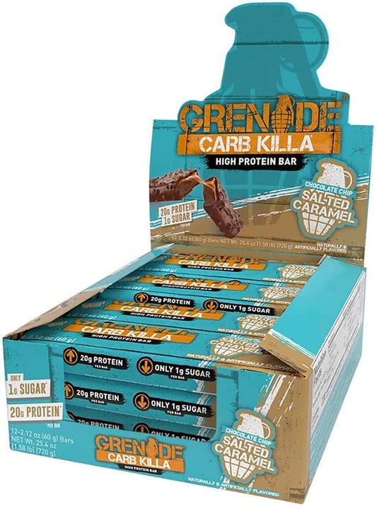 Grenade Carb Killa bar with chocolate chip salted caramel layers, a tasty energy snack