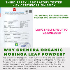 Grenera Moringa Powder texture close-up, vibrant green powder for shakes.