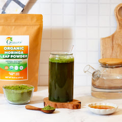 Grenera Organic Moringa Powder bag back label, highlighting organic, farm-direct sourcing.