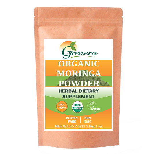 Grenera Organic Moringa Powder bag front, ideal for smoothies and daily greens.