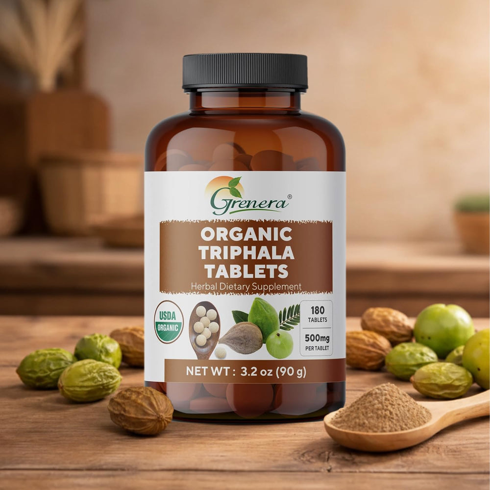 Organic seal and minimalist design on Grenera Triphala box.
