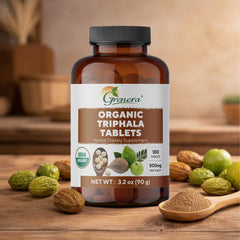 Organic seal and minimalist design on Grenera Triphala box.