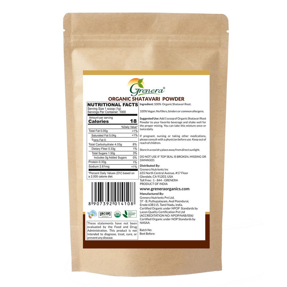 Grenera Shatavari powder bottle front highlights organic credentials.