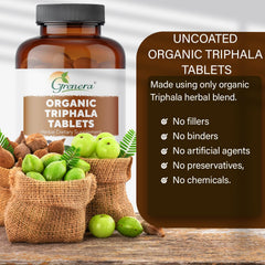 Vegan and kosher certification seals on Grenera Triphala packaging.