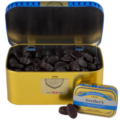 GRETHER'S Classic Blackcurrant Pastilles tin closeup showing authentic fruit flavor and texture.