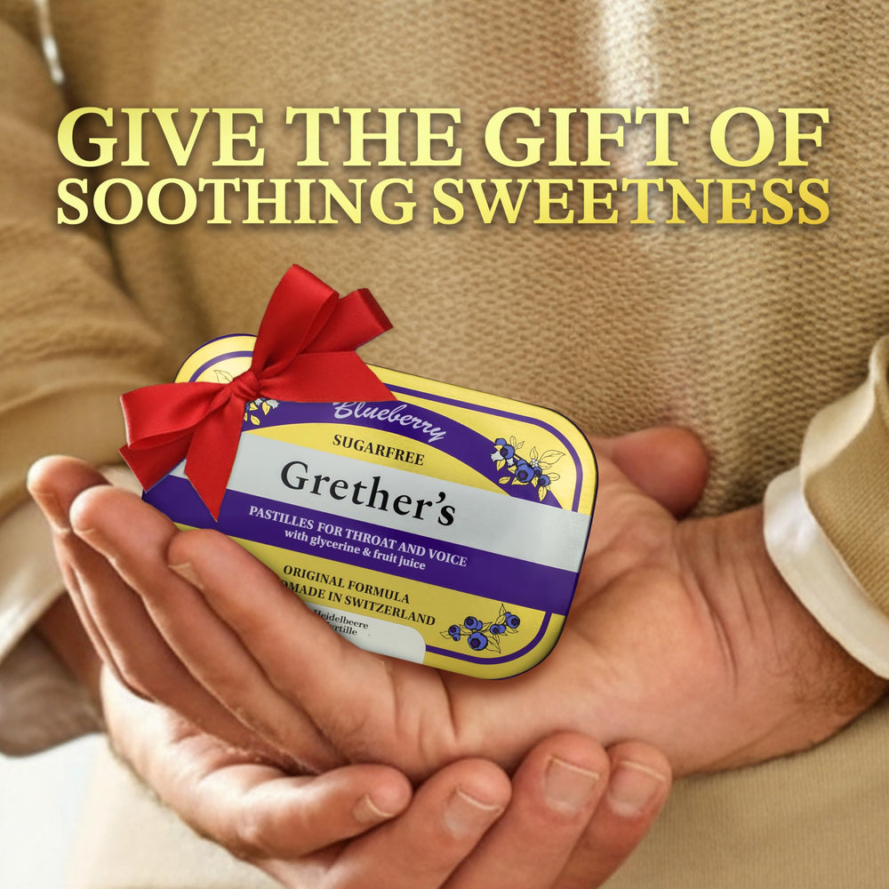 Close-up of GRETHER'S Blueberry Pastilles lozenge showing glossy surface and intense fruit aroma