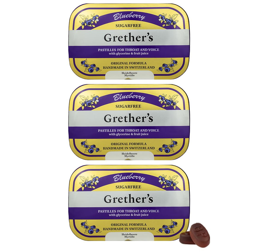 GRETHER'S Sugarfree Blueberry Pastilles tin close-up for lasting freshness