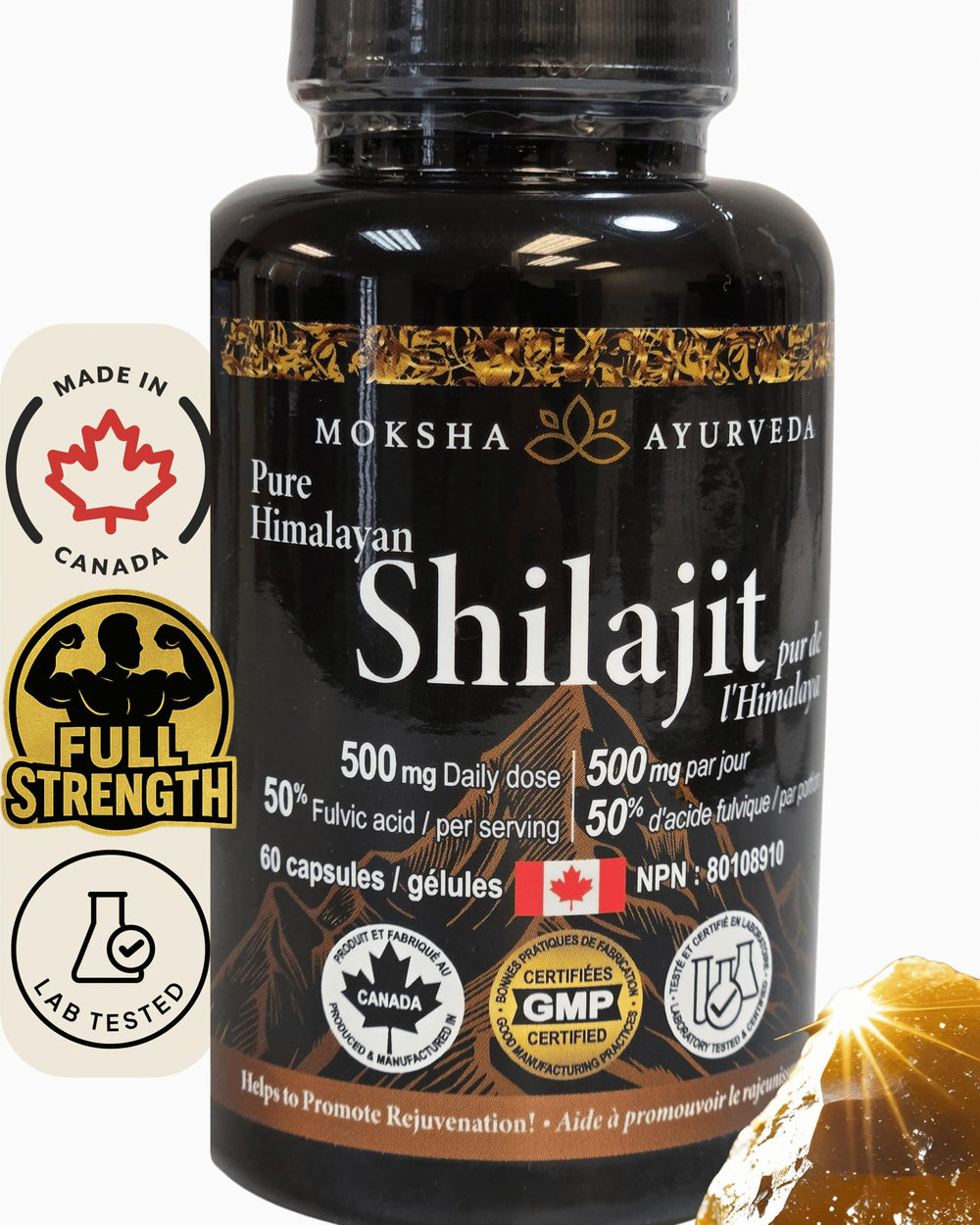 Greystone Tea Shilajit Ultra Gold glass jar storing 60 capsules.