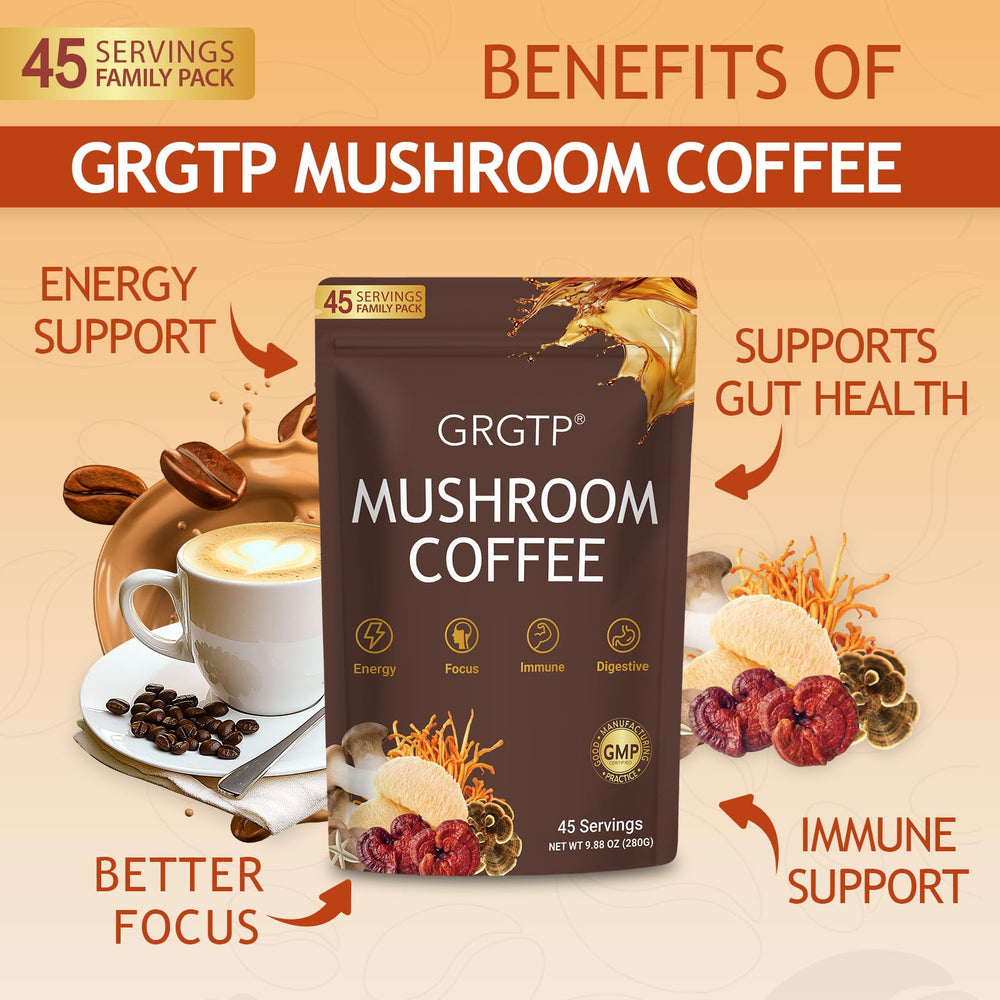 GRGTP Mushroom Coffee closeup of ingredients and mushrooms