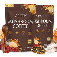 GRGTP Mushroom Coffee package showing six adaptogens for balanced energy