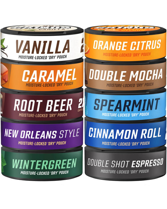 GRINDS 10-flavor pack pouches ready for tasting on the go.