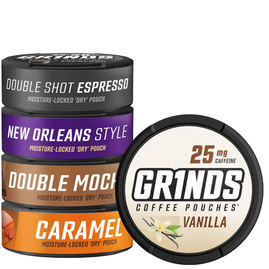GRINDS Double Shot Espresso coffee pouch can for quick caffeine boost