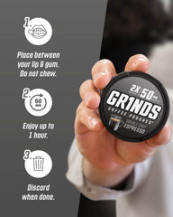 GRINDS Root Beer pouch displayed with refreshing energy boost.