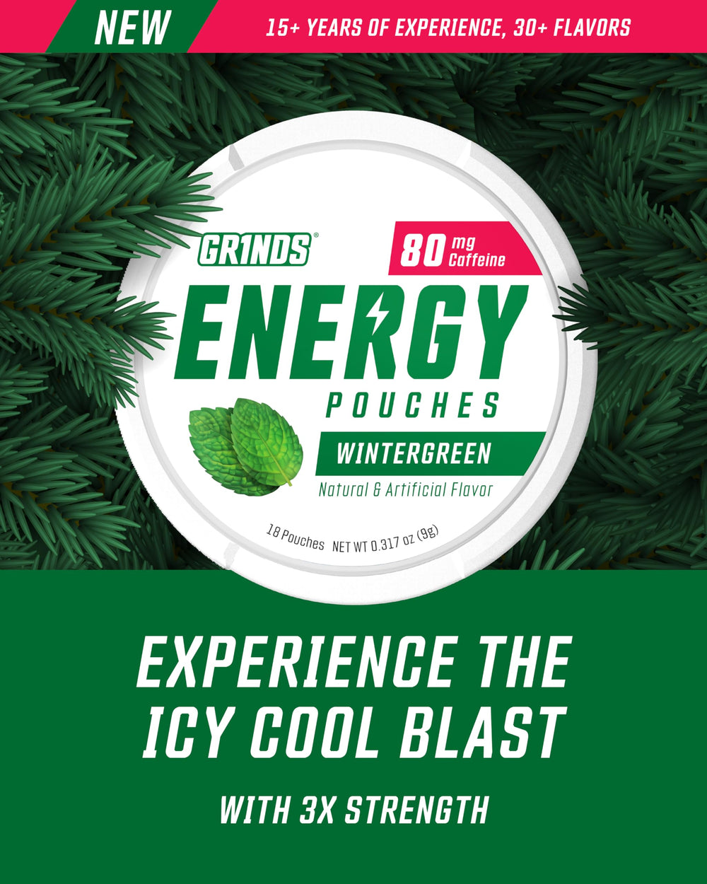 GRINDS Energy Pouches pack-closeup emphasizes sugar-free, zero-calorie benefits in a single pouch.