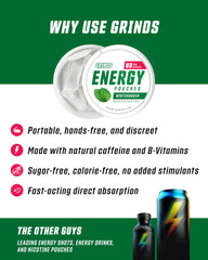 GRINDS Energy Pouches pouch-out demonstrates portable, pocket-sized energy for travel or study.