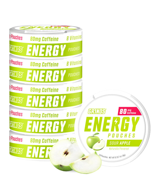 GRINDS Energy Pouches Sour Apple can with 80 mg caffeine for on-the-go energy