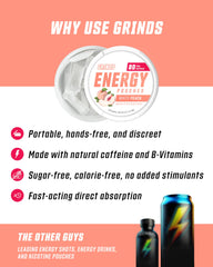 GRINDS White Peach flavored pouch for a fruity, sugar-free energy lift.