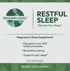 Ground Level Restful Sleep Formula packaging highlights ingredients and benefits for rest.