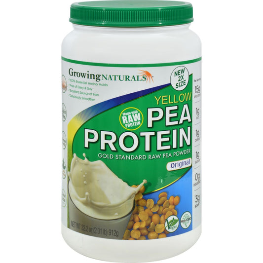 Growing Naturals pea protein original bottle highlighting plant-based, non-GMO protein for versatile shakes.