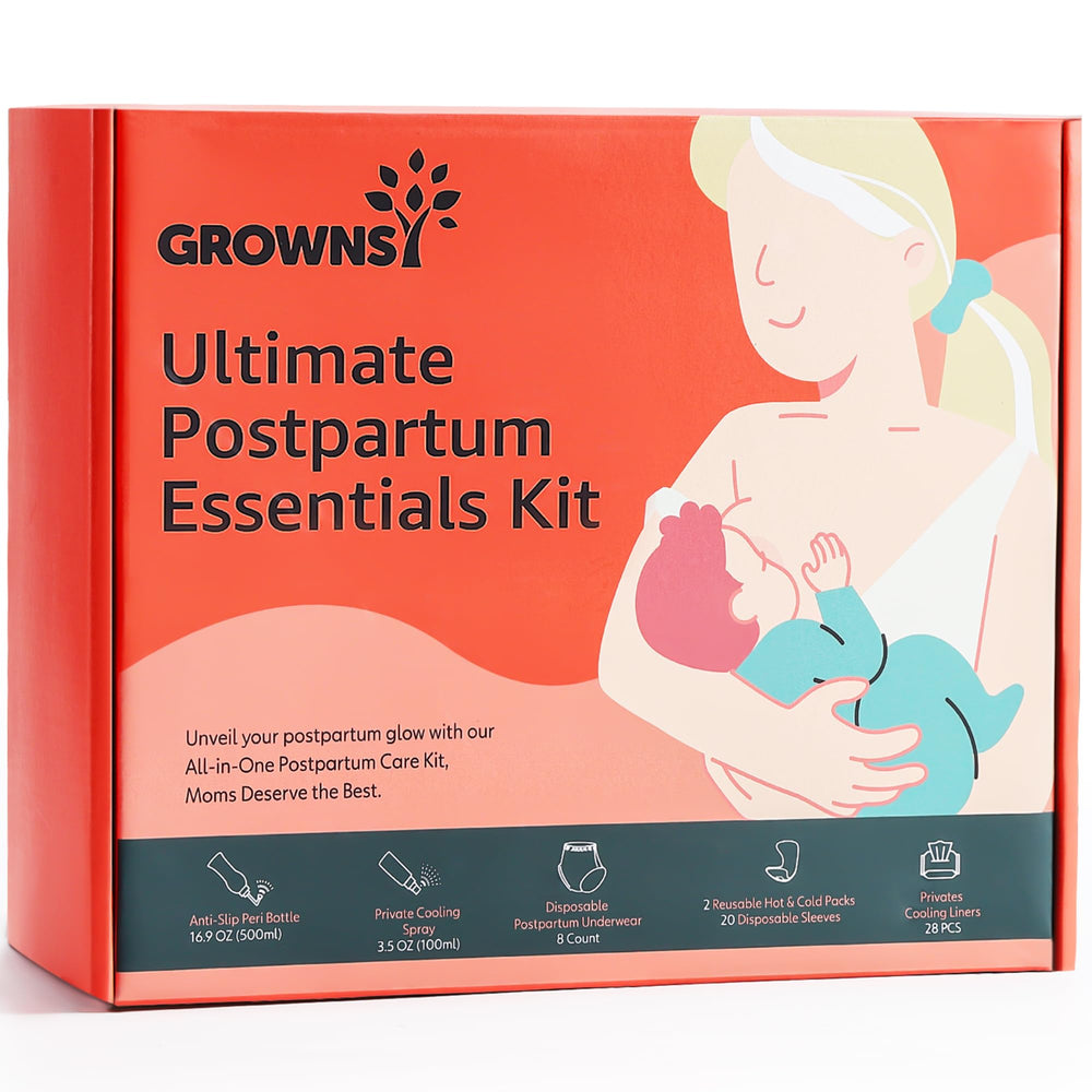 Grownsy postpartum essentials kit display for new moms, all-in-one recovery support.