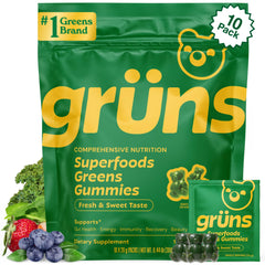Grüns gummies bottle front – supports daily wellness with convenient nutrition.