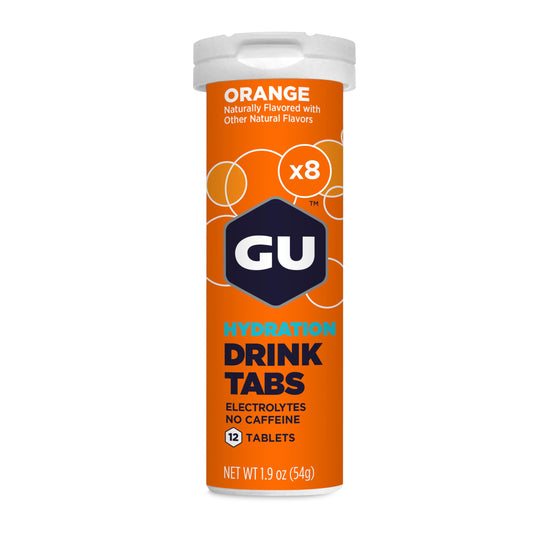 GU Energy Hydration Tabs orange package beside a bottle for on-the-go hydration.