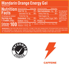Close-up of GU Energy Mandarin Orange gel label with carbs listed.