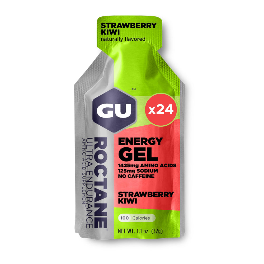 GU Energy Roctane gel packet close-up for on-the-go endurance fueling during runs.