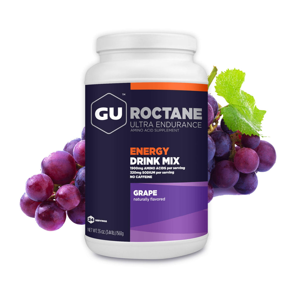 GU Energy Roctane grape jar label highlighting endurance formula for long sessions.