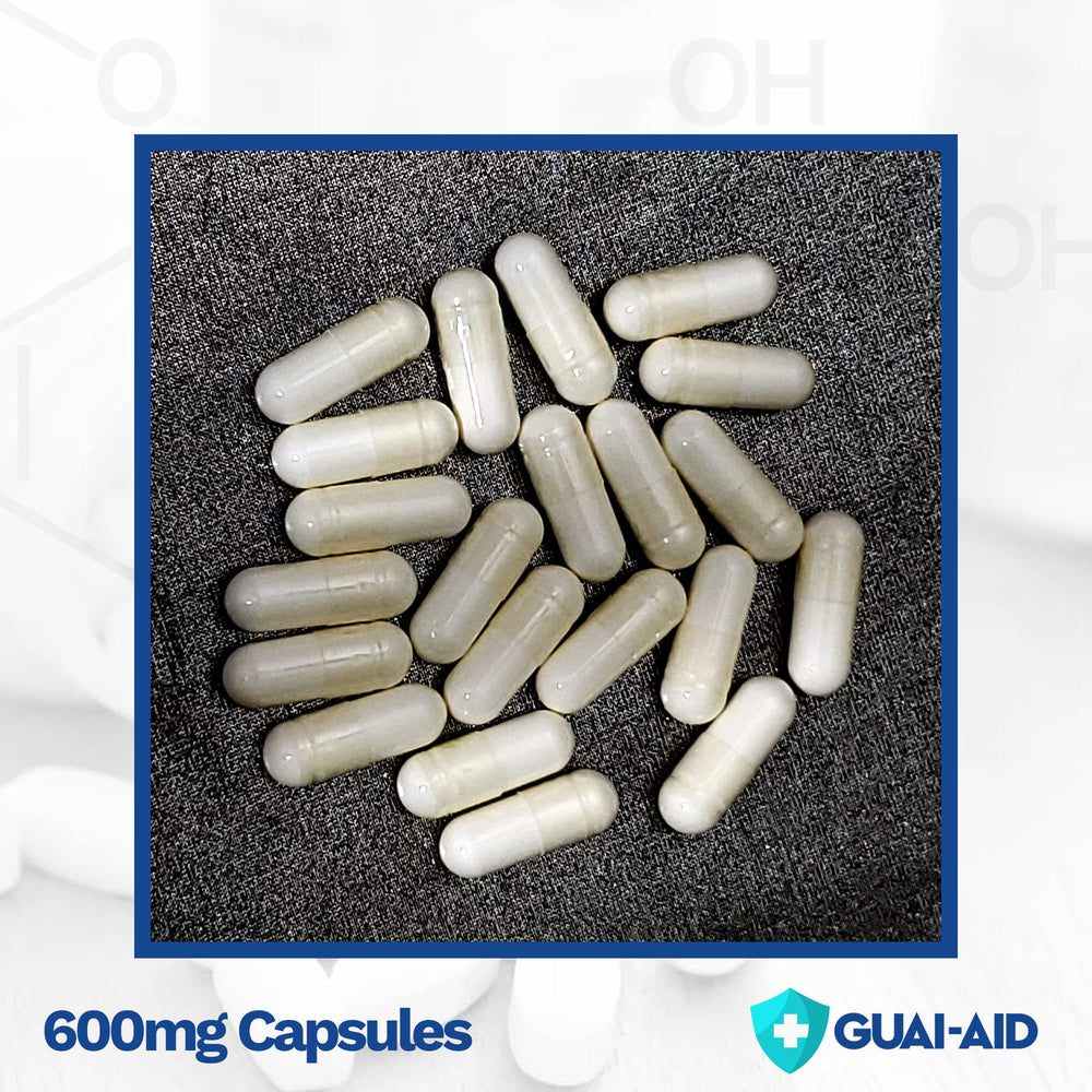 Guai-Aid ultra-pure guaifenesin capsules packaging highlights high purity.