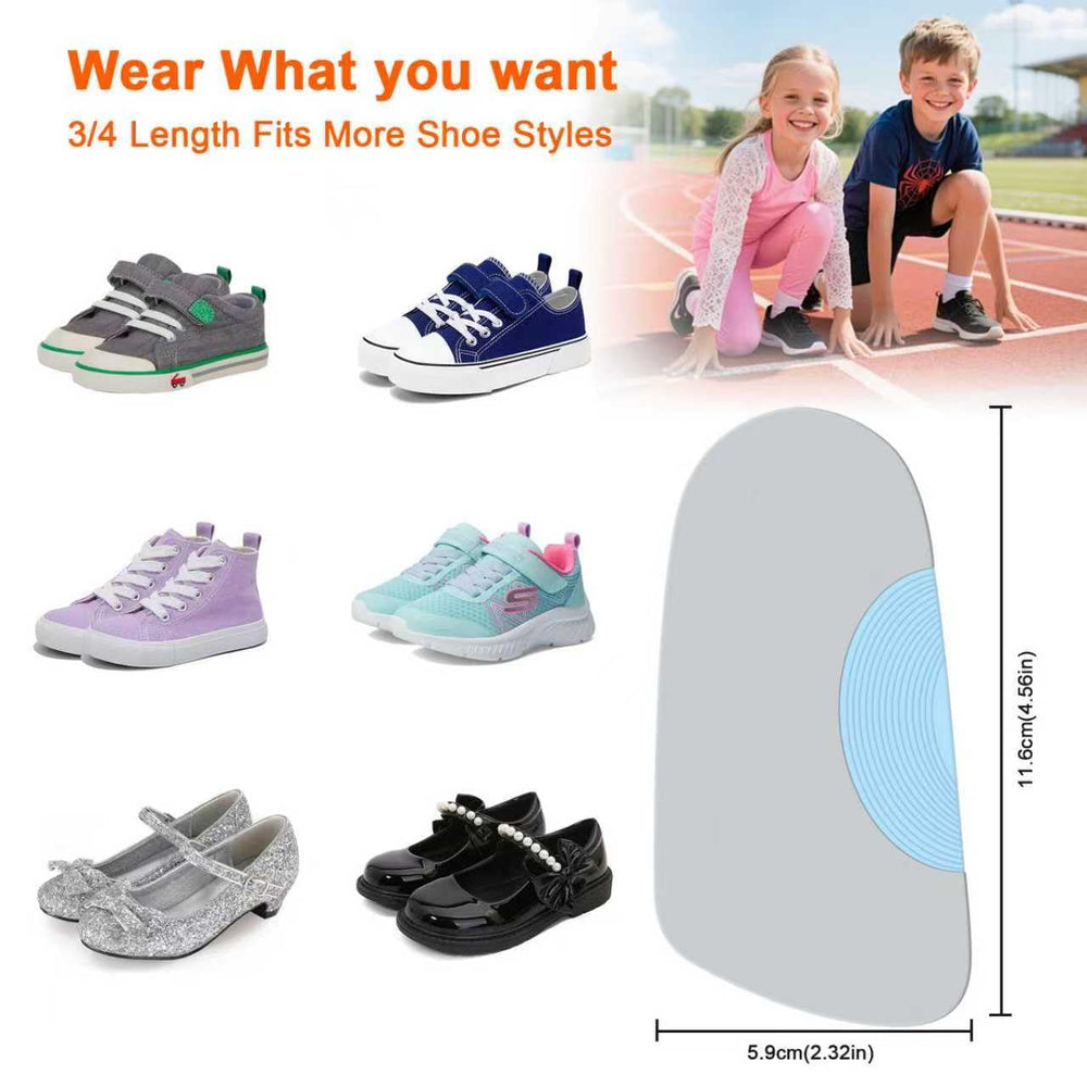 Guamar packaging and size chart for 3/4 length kid insoles.