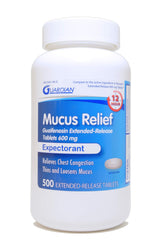 Guardian Mucus Relief bottle front view shows 600 mg extended release for chest congestion