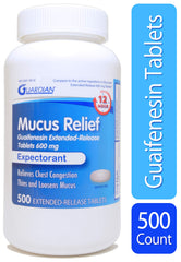 Guardian Mucus Relief packaging shot signals large 500-count bottle value