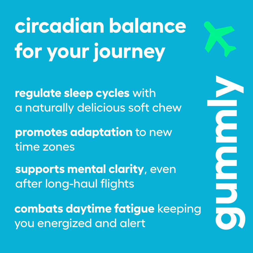 Bottle highlighting GABA ingredient to support steadier circadian rhythm while traveling