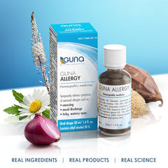 GUNA Allergy ingredients science closeup hints at plant-based formulation.