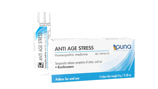 GUNA Anti Age Stress pellets under tongue dissolving for quick, discreet use.