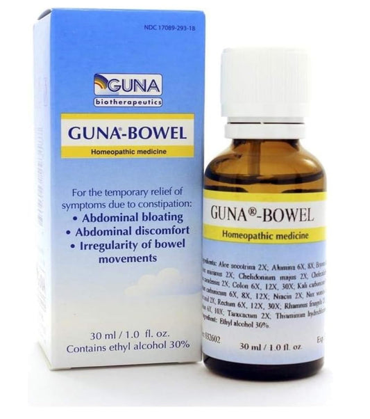 GUNA Bowel bottle front showing compact digestive support for occasional bloating
