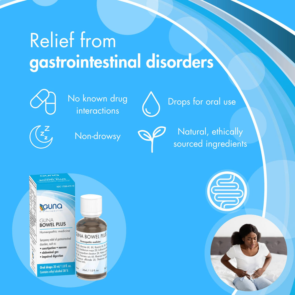 GUNA Bowel Plus packaging front highlighting trusted biotherapeutics.