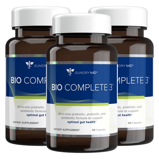 Gundry MD Bio Complete 3 bottle front shows the label for daily gut support.