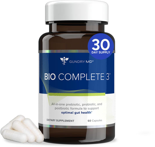 Gundry MD Bio Complete 3 bottle label highlights the 3-in-1 gut support formula.