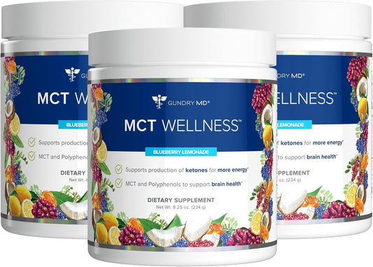Gundry MD MCT Wellness Powder Blueberry Lemonade tub front for energy-friendly use.
