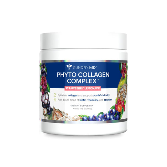 Gundry MD Phyto Collagen Complex bottle front in strawberry lemonade flavor for daily vitality.