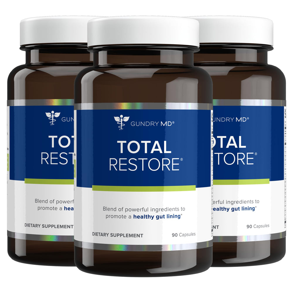 Gundry MD Total Restore bottle front highlights gut lining support for daily wellness.