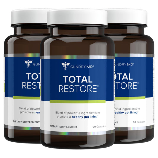 Gundry MD Total Restore bottle front highlights gut lining support for daily wellness.