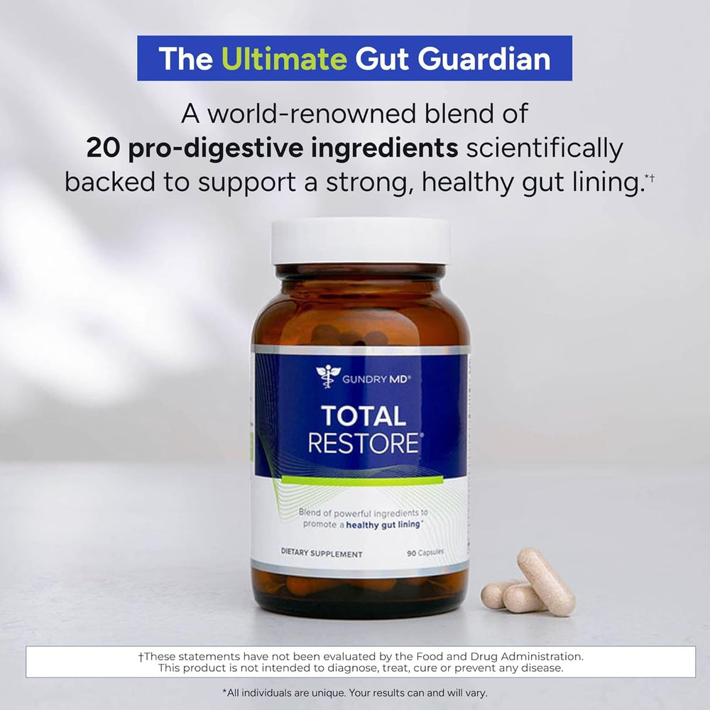 Gundry MD Total Restore label closeup underscores quality ingredients for gut wellness.