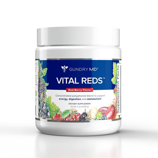 Gundry MD Vital Reds bottle with berry flavor for daily energy support.