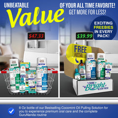 GuruNanda bundle hero-shot conveys all-in-one oral care solution.